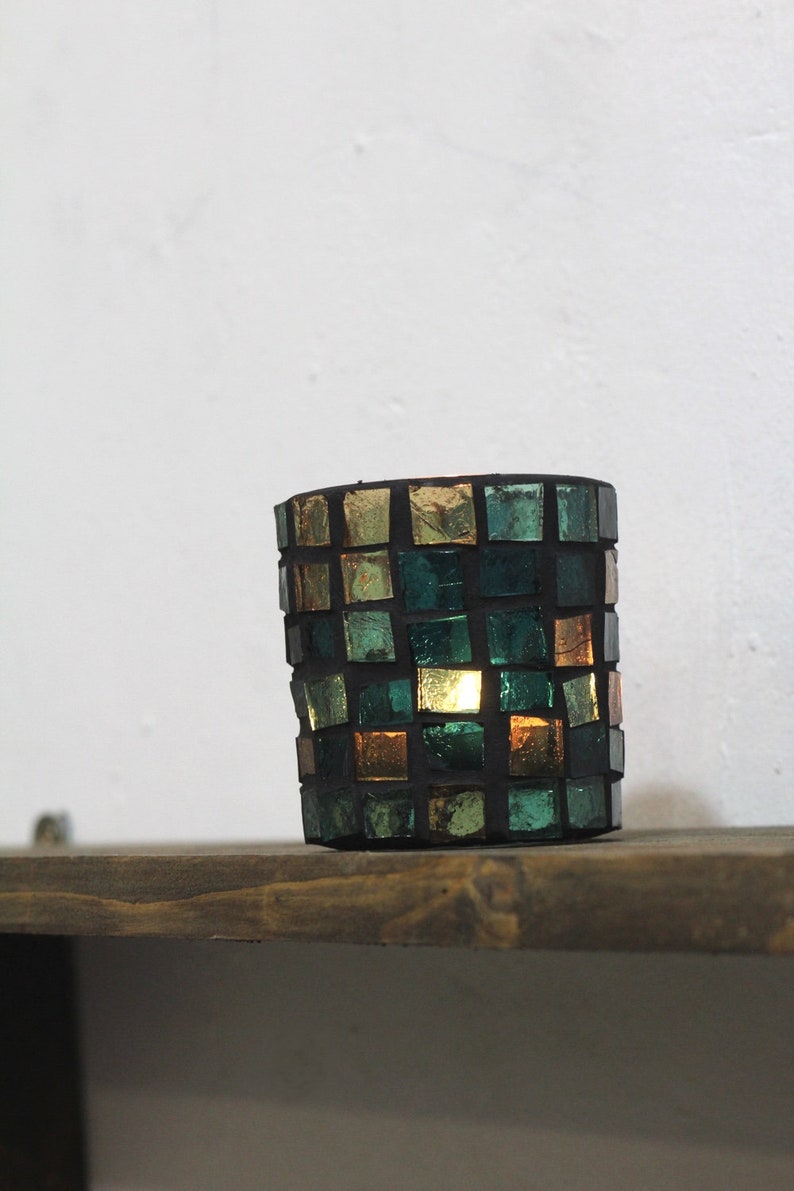Green Glass Mosaic Candle Holder Desk Accessories Bedroom Etsy