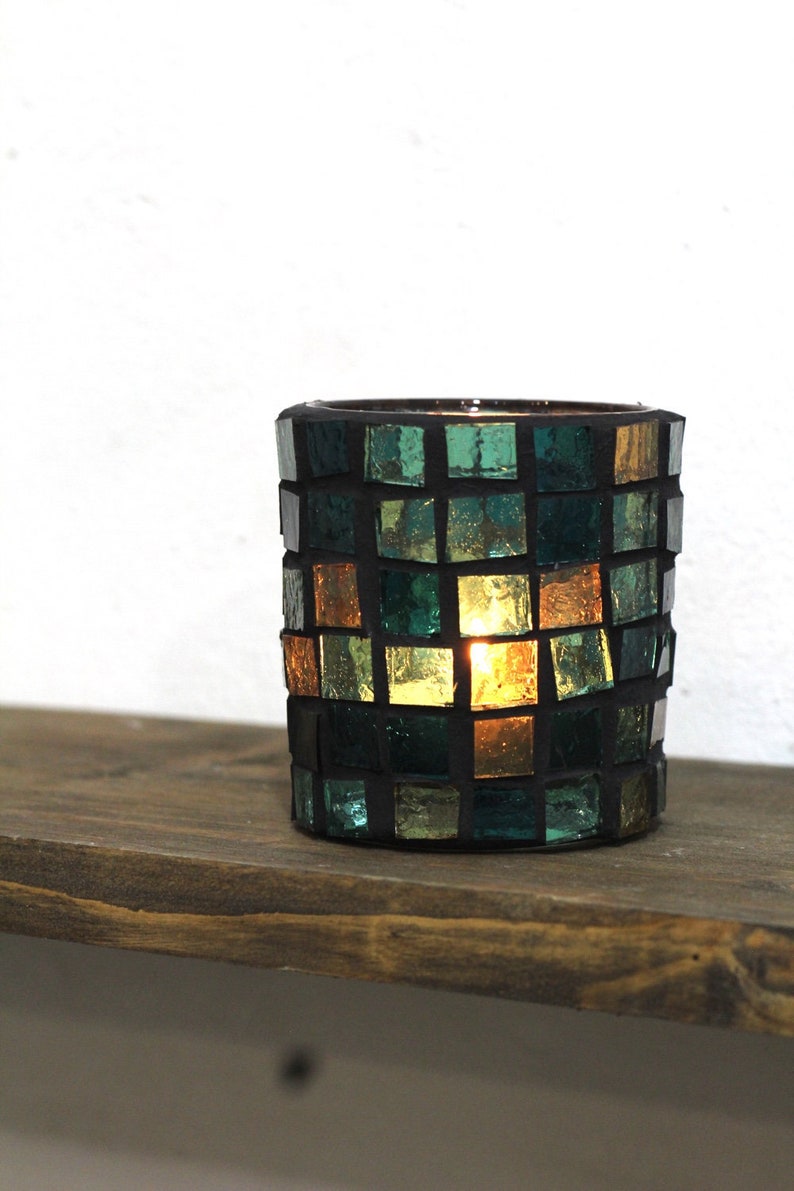 Green Glass Mosaic Candle Holder Desk Accessories Bedroom Etsy