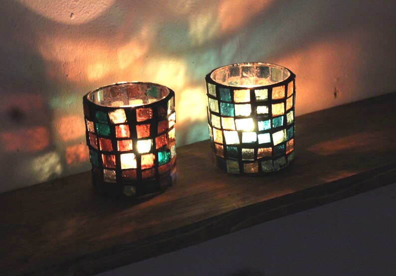 Green Glass Mosaic Candle Holder Desk Accessories Bedroom Etsy