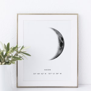Moon phase print, Crescent moon, Nursery print, Baby birth print, Moon poster, Moon phase printable, Custom moon phase, Birth coordinates image 2