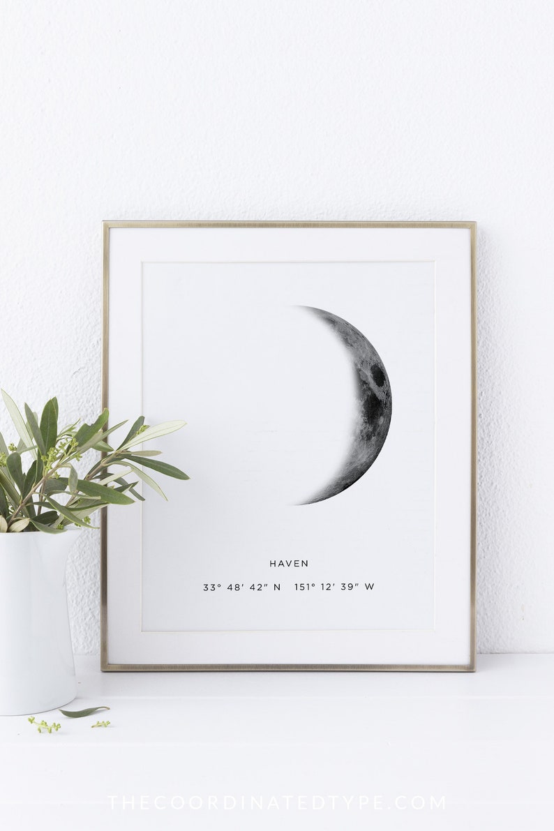 Moon phase print, Crescent moon, Nursery print, Baby birth print, Moon poster, Moon phase printable, Custom moon phase, Birth coordinates image 2