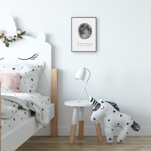 Puede incluir: Una impresi&oacute;n en blanco y negro de una luna llena con el texto "I love you to the moon and back" y una serie de n&uacute;meros debajo. La impresi&oacute;n est&aacute; enmarcada y colgada en una pared blanca sobre una cama blanca con una cabecera de unicornio.