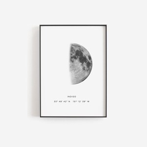 Half moon print, Moon art, Birthday gift ideas, Moon phase print, Personalized moon print, Personalized birth print, Location coordinates image 1
