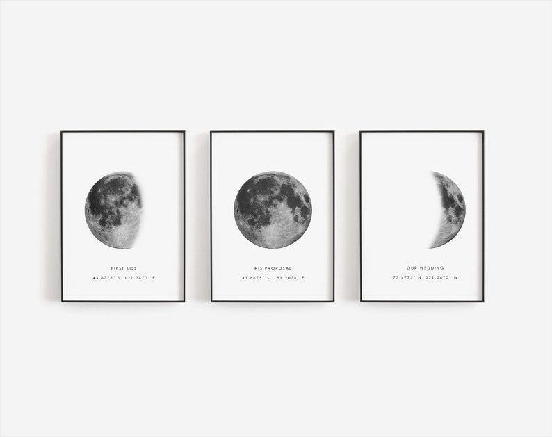 Moon phase print, Custom birthday gift, Moon poster, Personalized gift, DIY moon printable, GPS coordinates moon print, Waxing moon crescent image 4