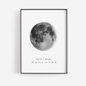May include: Black and white print of a moon with the text "AND SO IT BEGAN... 33° 48' 42" N 151° 12' 39" W"