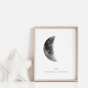 Baby moon print, Baby boy gift, Gifts for boys, Moon art, Moon phase print, Nursery name sign, Location coordinates, Custom moon phase pdf image 2