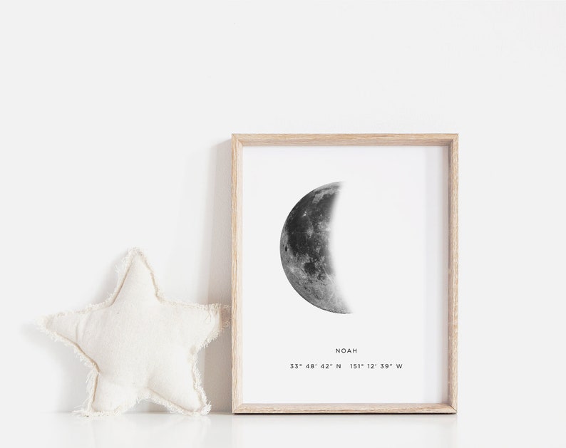 Baby moon print, Baby boy gift, Gifts for boys, Moon art, Moon phase print, Nursery name sign, Location coordinates, Custom moon phase pdf image 2