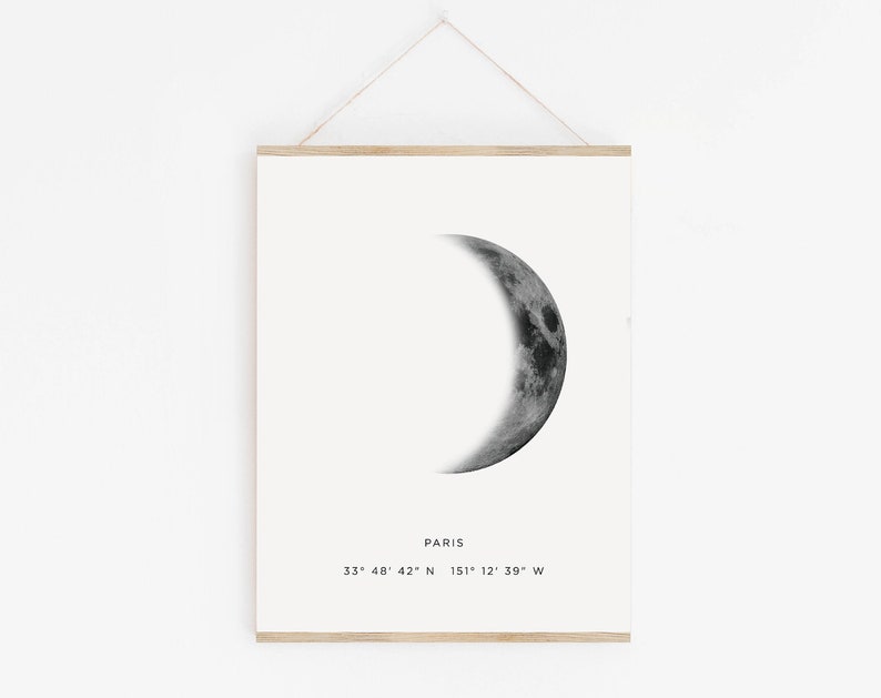 Moon and Coordinates, Location Coordinates Printable, Crescent Moon ...
