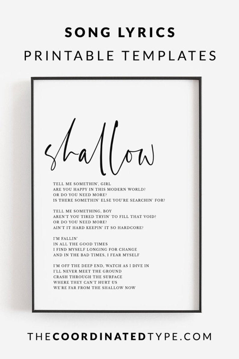 Shallow Song Lyrics Art A Star is Born Song Lyrics Wall Art Etsy