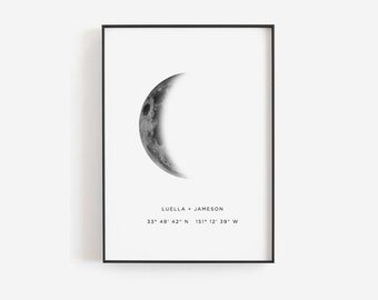 Regalo de aniversario para hombres, Regalos de aniversario para novio, Arte de pared lunar, Impresión de fase lunar creciente, Regalo especializado, Regalo personalizado para parejas