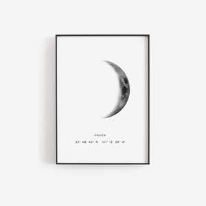 Moon phase print, Crescent moon, Nursery print, Baby birth print, Moon poster, Moon phase printable, Custom moon phase, Birth coordinates image 1