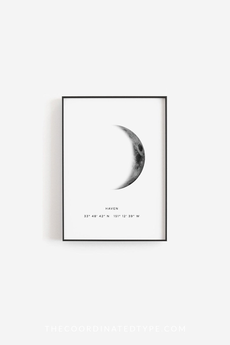 Moon phase print, Crescent moon, Nursery print, Baby birth print, Moon poster, Moon phase printable, Custom moon phase, Birth coordinates image 1