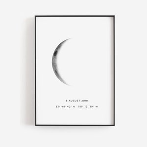May include: A black and white illustration of a crescent moon with the date "8 AUGUST 2018" and coordinates "33° 48' 42" N 151° 12' 39" W" printed below.
