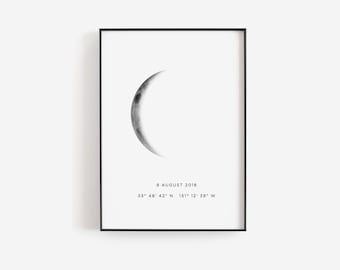 Regalo de fechas especiales, Arte de pared de fechas especiales, Fecha personalizada, Fecha personalizada, Fase de luna creciente, Coordenadas personalizadas, Signo de parejas editables