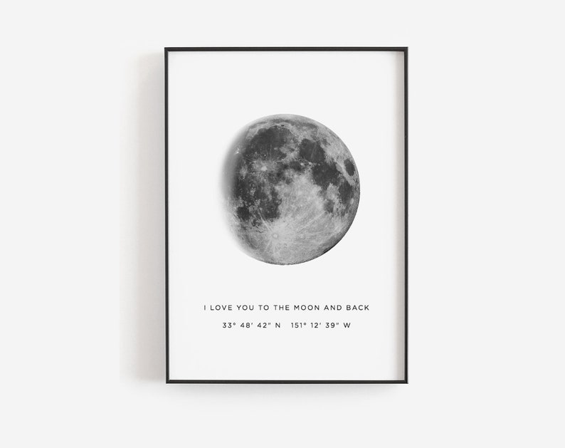 Puede incluir: Una impresi&oacute;n en blanco y negro de una luna llena con el texto "Te amo hasta la luna y de regreso" y las coordenadas "33&deg; 48' 42" N 151&deg; 12' 39" W".