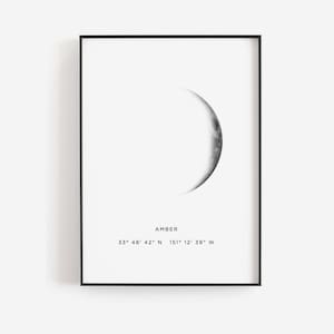Moon phase print, Custom birthday gift, Moon poster, Personalized gift, DIY moon printable, GPS coordinates moon print, Waxing moon crescent