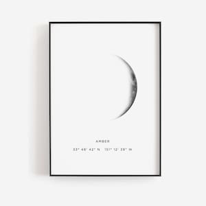 Moon phase print, Custom birthday gift, Moon poster, Personalized gift, DIY moon printable, GPS coordinates moon print, Waxing moon crescent image 1