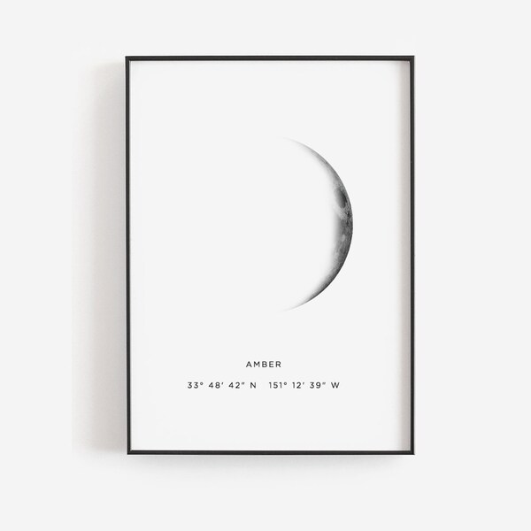 Moon phase print, Custom birthday gift, Moon poster, Personalized gift, DIY moon printable, GPS coordinates moon print, Waxing moon crescent