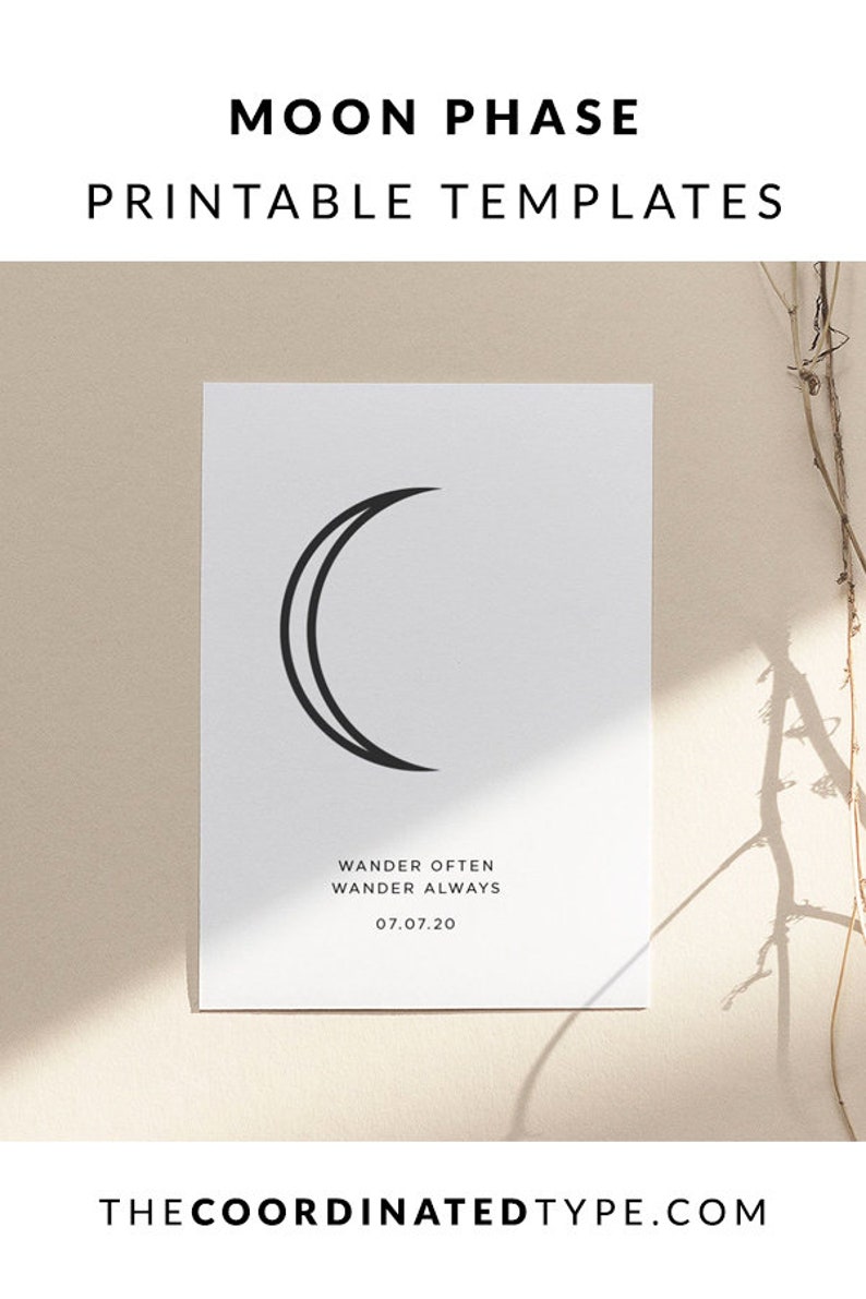 May include: A printable moon phase template with a crescent moon illustration and the text "WANDER OFTEN WANDER ALWAYS 07.07.20".