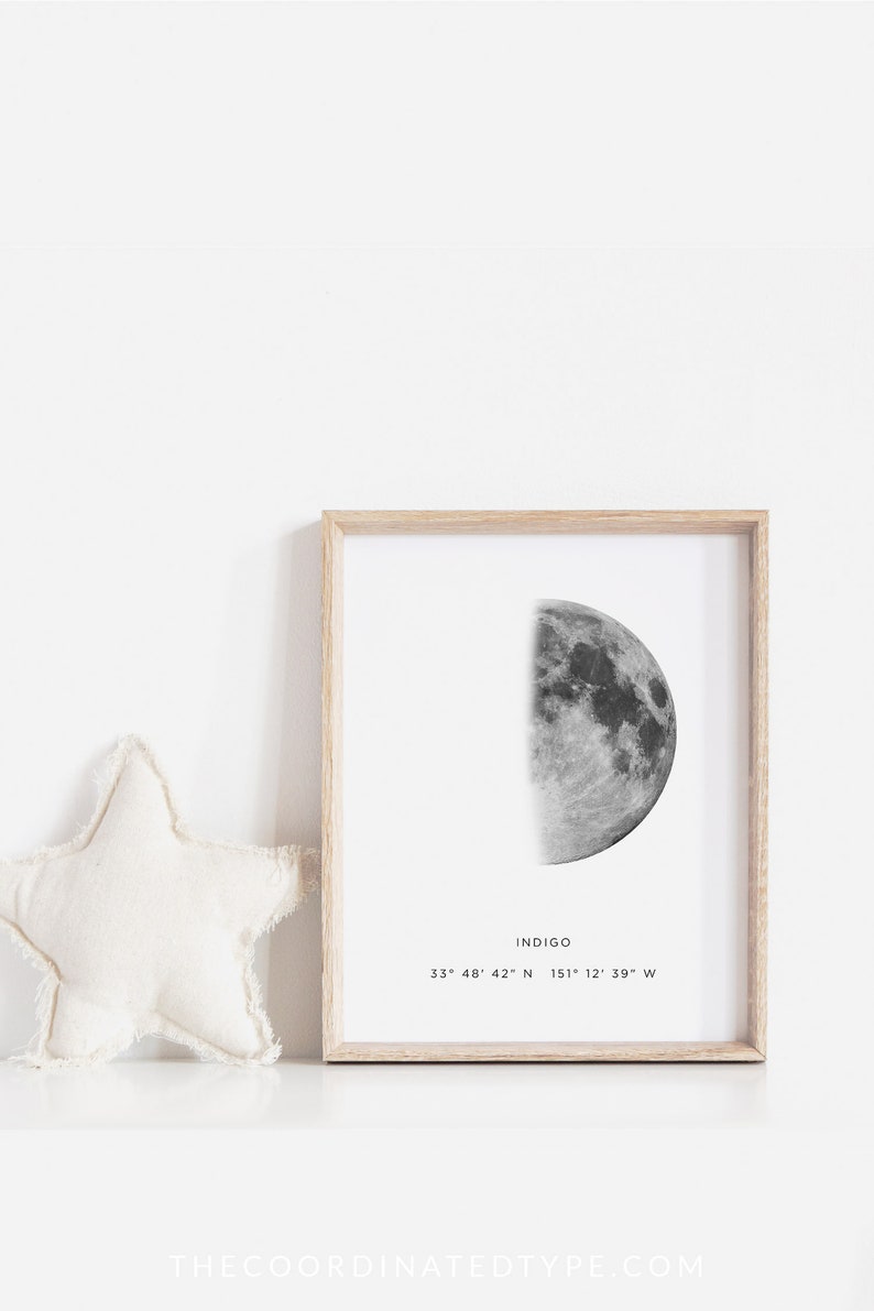 Half moon print, Moon art, Birthday gift ideas, Moon phase print, Personalized moon print, Personalized birth print, Location coordinates image 2