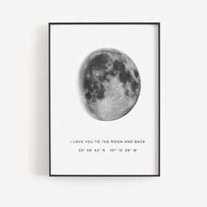 Puede incluir: Una imagen en blanco y negro de una luna llena con el texto "I love you to the moon and back" y las coordenadas "33&deg; 48&prime; 42&Prime; N 151&deg; 12' 39" W". El texto "THE COORDINATED TYPE" y la direcci&oacute;n del sitio web "WWW.THECOORDINATEDTYPE.COM" est&aacute;n en la parte inferior de la imagen.