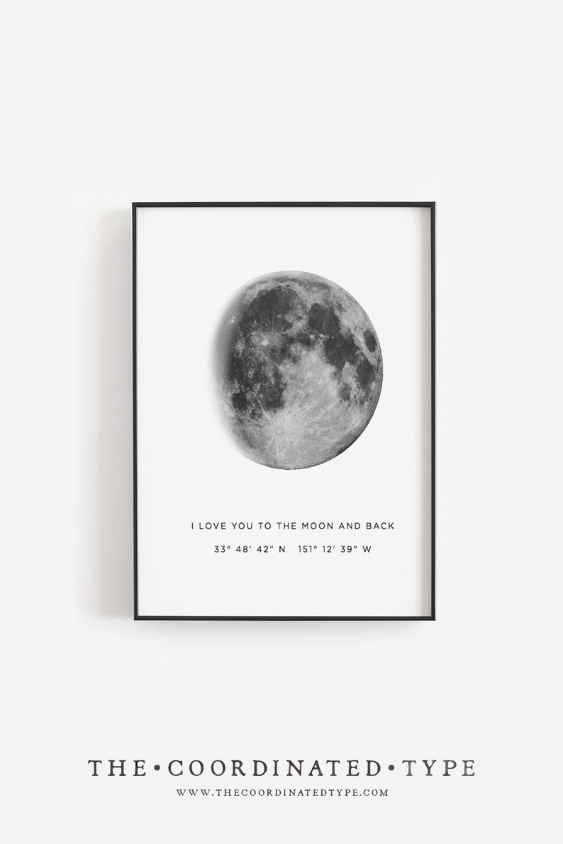 Puede incluir: Una imagen en blanco y negro de una luna llena con el texto "I love you to the moon and back" y las coordenadas "33&deg; 48&prime; 42&Prime; N 151&deg; 12' 39" W". El texto "THE COORDINATED TYPE" y la direcci&oacute;n del sitio web "WWW.THECOORDINATEDTYPE.COM" est&aacute;n en la parte inferior de la imagen.