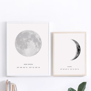 Moon phase print, Crescent moon, Nursery print, Baby birth print, Moon poster, Moon phase printable, Custom moon phase, Birth coordinates image 3