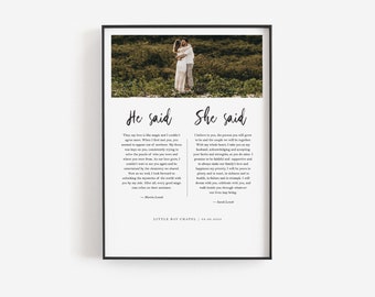 He said she said vows, Wedding vows print, Wall art, Personalized wedding gift, Vows printable, First anniversary gift, Vows with picture
