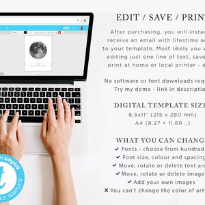May include: A laptop computer with a screen displaying a digital template for a printable design. The template features a moon and stars. The text on the screen reads "Edit/Save/Print". The text on the laptop reads "Edit with templett Fully Editable Template".
