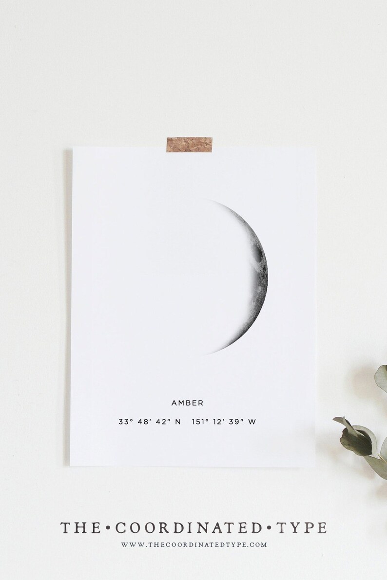 Moon phase print, Custom birthday gift, Moon poster, Personalized gift, DIY moon printable, GPS coordinates moon print, Waxing moon crescent image 9