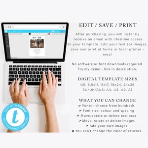Puede incluir: Un ordenador port&aacute;til con las manos de una persona escribiendo en el teclado. La pantalla muestra una plantilla de invitaci&oacute;n de boda que se est&aacute; editando en un programa de dise&ntilde;o web. El texto en la pantalla dice "Meet & Greet". El texto en la imagen dice "Edit/Save/Print", "No software or font downloads required. Try my demo - link in description.", "Digital Template Sizes", "US: 8.5x11, 11x17, 18x24, 24x36", "EU/UK/AUS: A4, A3, A2, A1", "What You Can Change", "Fonts - choose from hundreds", "Font size, colour and spacing", "Move, rotate or delete text area", "Move, rotate or delete images", "Add your own images", "You can't change the colour of artwork".