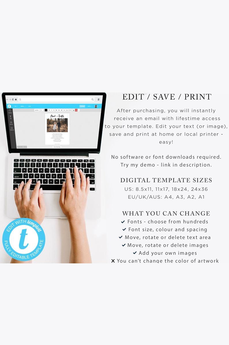 Puede incluir: Un ordenador port&aacute;til con las manos de una persona escribiendo en el teclado. La pantalla muestra una plantilla de invitaci&oacute;n de boda que se est&aacute; editando en un programa de dise&ntilde;o web. El texto en la pantalla dice "Meet & Greet". El texto en la imagen dice "Edit/Save/Print", "No software or font downloads required. Try my demo - link in description.", "Digital Template Sizes", "US: 8.5x11, 11x17, 18x24, 24x36", "EU/UK/AUS: A4, A3, A2, A1", "What You Can Change", "Fonts - choose from hundreds", "Font size, colour and spacing", "Move, rotate or delete text area", "Move, rotate or delete images", "Add your own images", "You can't change the colour of artwork".