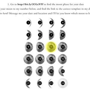 Puede incluir: Un gr&aacute;fico que muestra las fases de la luna, numeradas del 1 al 24. La fase de la luna para el n&uacute;mero 11 est&aacute; resaltada en amarillo.