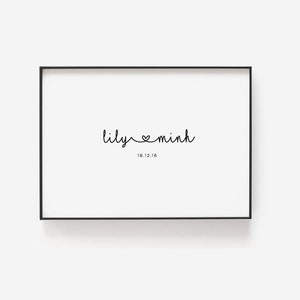 Valentines day gift, Couples print, Wedding date, Couples names with heart, Heart print, Valentines gift for him, Personalised name print