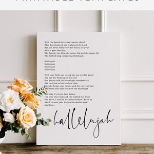 May include: Printable song lyric template featuring the lyrics to the song "Hallelujah" by Leonard Cohen. The lyrics are printed in black text on a white background. The word "hallelujah" is written in cursive at the bottom of the page.