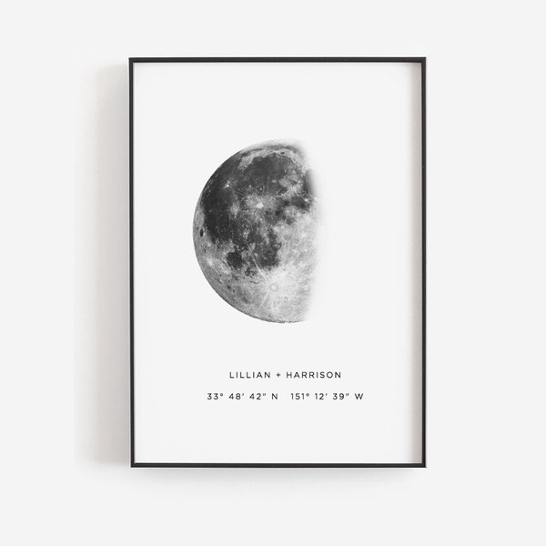 Custom moon phase print template, Personalized Valentines gift, Valentine's decor, Couples name print, Gift for couple, Location coordinates