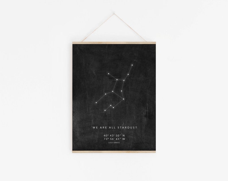 May include: Black and white print with a constellation of stars on a black background. The text "WE ARE ALL STARDUST" is at the bottom of the print, along with the coordinates "40&deg; 43' 50" N 73&deg; 56' 61" W" and the name "LILA GRACE".