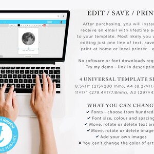 Puede incluir: Un ordenador port&aacute;til con una pantalla que muestra una plantilla de dise&ntilde;o con una imagen de luna. El texto en la pantalla dice "EDIT/SAVE/PRINT". El texto debajo de la pantalla dice "4 UNIVERSAL TEMPLATE SIZES" y enumera los tama&ntilde;os en pulgadas y mil&iacute;metros. El texto debajo de eso dice "WHAT YOU CAN CHANGE" y enumera varias opciones para personalizar la plantilla.
