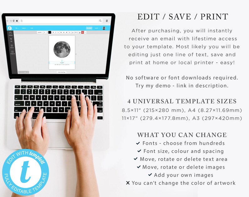 Puede incluir: Un ordenador port&aacute;til con una pantalla que muestra una plantilla de dise&ntilde;o con una imagen de luna. El texto en la pantalla dice "EDIT/SAVE/PRINT". El texto debajo de la pantalla dice "4 UNIVERSAL TEMPLATE SIZES" y enumera los tama&ntilde;os en pulgadas y mil&iacute;metros. El texto debajo de eso dice "WHAT YOU CAN CHANGE" y enumera varias opciones para personalizar la plantilla.