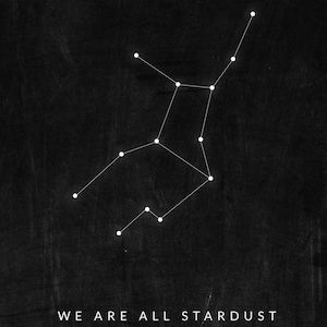 May include: A black and white illustration of the Virgo constellation on a black background. The text "WE ARE ALL STARDUST" is at the bottom of the image.