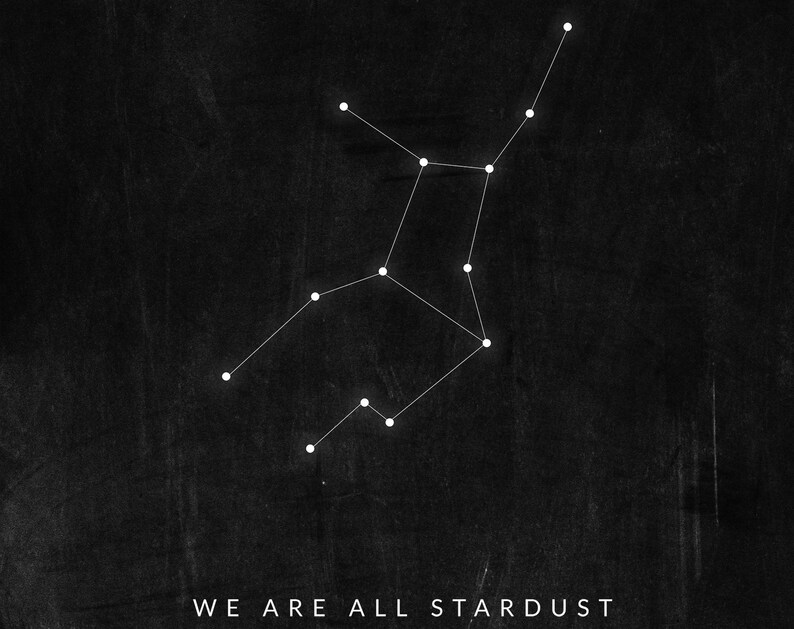 May include: A black and white illustration of the Virgo constellation on a black background. The text "WE ARE ALL STARDUST" is at the bottom of the image.