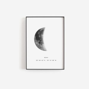 Baby moon print, Baby boy gift, Gifts for boys, Moon art, Moon phase print, Nursery name sign, Location coordinates, Custom moon phase pdf image 1