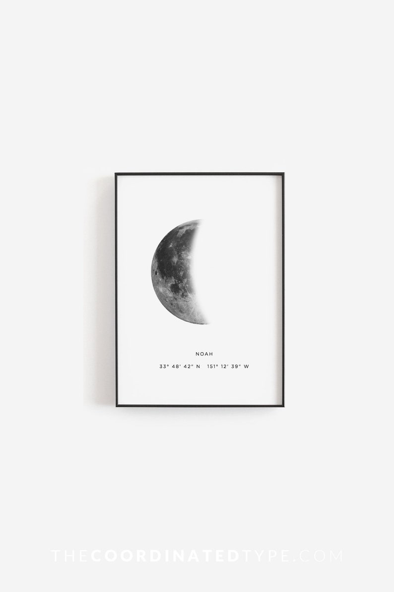 Baby moon print, Baby boy gift, Gifts for boys, Moon art, Moon phase print, Nursery name sign, Location coordinates, Custom moon phase pdf image 1