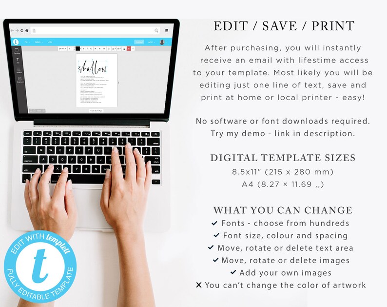 May include: A laptop computer displaying a digital template on the screen. The template is a printable design with the text "shallow" on it. The laptop is on a white surface. The text "EDIT WITH templett FULLY EDITABLE TEMPLATE" is in a blue circle with a white letter "t" in the center.