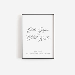 Custom couples name print, Wedding gift for couple, Calligraphy print, Calligraphy couples names, Location coordinates, Minimalist print