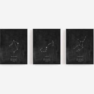 May include: Three black and white constellation prints with the names William, Poppy, and Jessica and their corresponding zodiac signs and birth dates.