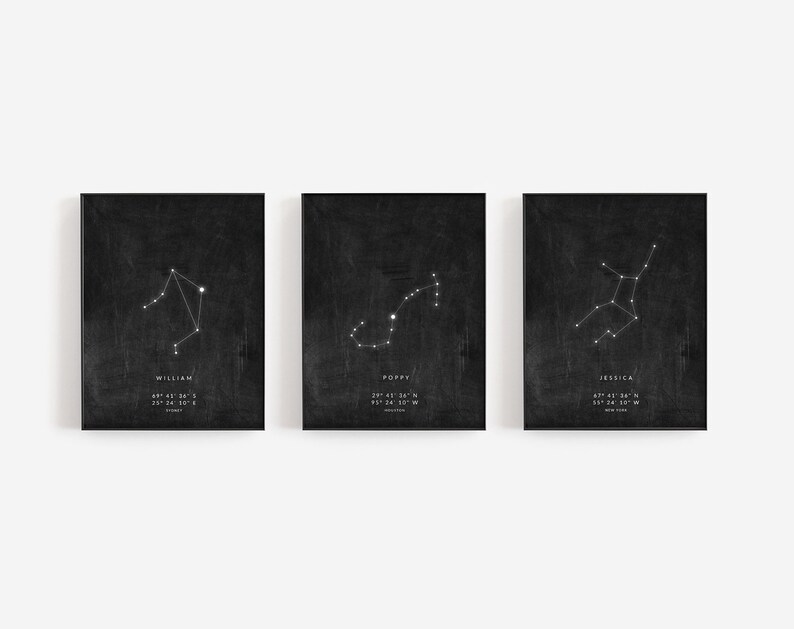 May include: Three black and white constellation prints with the names William, Poppy, and Jessica and their corresponding zodiac signs and birth dates.