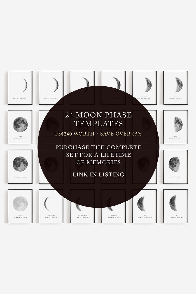 Moon phase print, Crescent moon, Nursery print, Baby birth print, Moon poster, Moon phase printable, Custom moon phase, Birth coordinates image 9