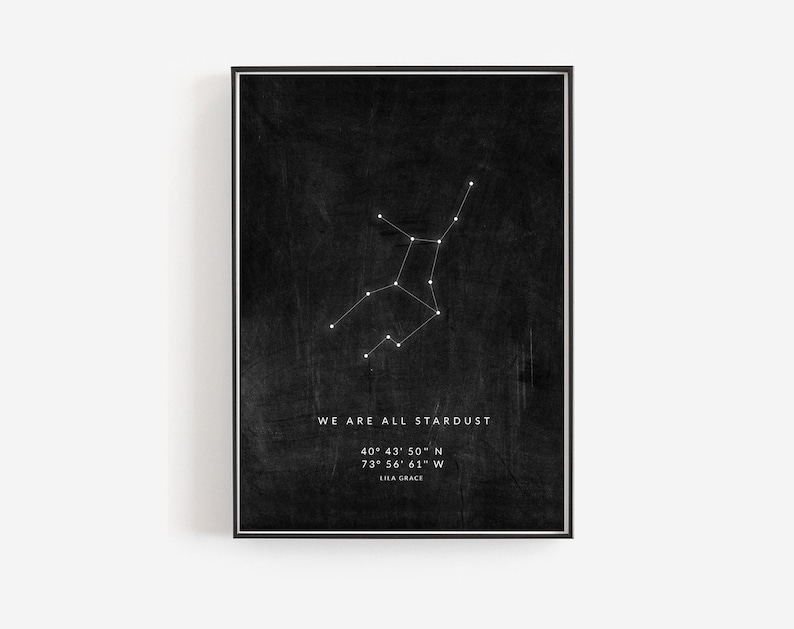 May include: Black and white printable art print with a constellation design and the text "WE ARE ALL STARDUST 40&deg; 43&prime;50&Prime; N 73&deg; 56' 61" W LILA GRACE".