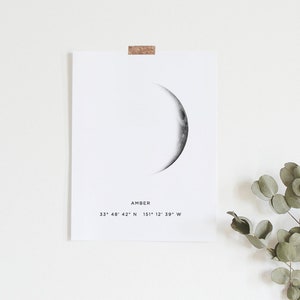 Moon phase print, Custom birthday gift, Moon poster, Personalized gift, DIY moon printable, GPS coordinates moon print, Waxing moon crescent image 2